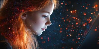 Young woman immersed in digital creativity with vibrant cosmic elements at night photo