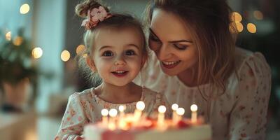 Celebrating a joyful birthday with mother and daughter in a cozy, warmly lit room decorated with candles photo