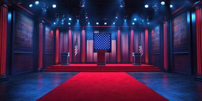 Debate stage set up with podiums and backdrop illuminated in red and blue lights photo