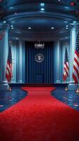 Grand entrance hall set for a formal event decorated with flags and a podium under elegant lighting photo
