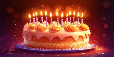 Brightly lit birthday cake with candles and vibrant decorations celebrated at a festive gathering photo