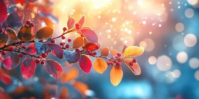 Beautiful autumn leaves shining in soft sunlight with sparkling bokeh effect during a peaceful morning in nature photo