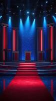 Brightly lit stage setup with red carpet and blue background ready for a lively event photo