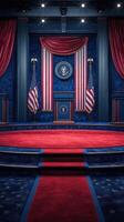 Formal setting for a presidential speech with flags and a podium in a classic blue and red decor photo