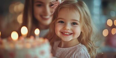 Smiling girl celebrates her birthday with a joyful expression surrounded by cake and candles in a warm atmosphere photo