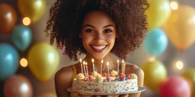 Celebration of a joyful birthday party with colorful balloons and a smiling girl holding a cake with candles photo