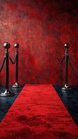 Elegant red carpet entrance with velvet ropes set against a dramatic textured backdrop photo