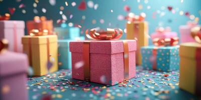 Colorful wrapped gifts surrounded by confetti create a festive atmosphere for a celebration or special occasion photo