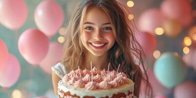 Girl smiles while holding a decorated birthday cake surrounded by colorful balloons at a festive celebration photo