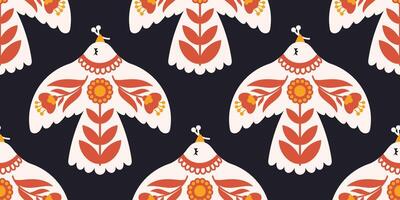 Seamless Scandinavian Folk Art Pattern with Stylized Birds and Floral Motifs on Dark Background vector
