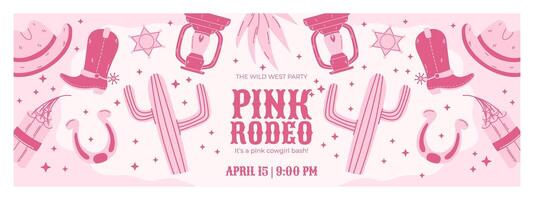 Pink Rodeo Party Horizontal Banner with Cowboy Hats, Boots, Cactus, Horseshoes, Lanterns, and Dynamite in a Playful Western Theme vector