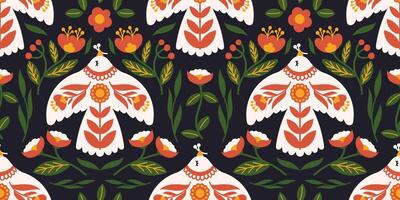 Seamless Folk Art Pattern with Stylized Birds and Floral Motifs in Traditional Scandinavian Style on Dark Background vector