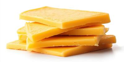 Slices of cheddar cheese stacked neatly on a white surface, ready for culinary use or snacking moments photo