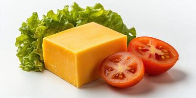 Fresh lettuce, ripe tomatoes, and a block of yellow cheese create a vibrant and healthy meal preparation setup photo