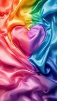Heart-shaped fabric in rainbow colors showcasing vibrant satin textures and celebrating diversity photo