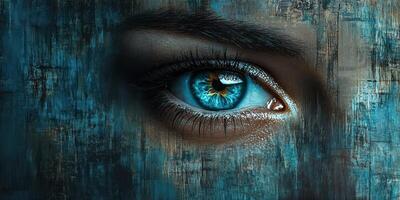 Stunning close-up of a blue eye against an abstract textured background reflecting light and color photo