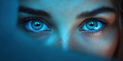 Close-up view of striking blue eyes revealing emotions during a late evening portrait session photo
