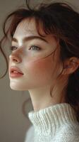 Young woman with freckled skin gazing thoughtfully while wearing a cozy sweater in a softly lit indoor environment photo