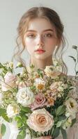 Delicate young woman holding a vibrant bouquet of fresh flowers in a bright, serene setting during daylight hours photo