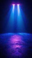 Colorful stage lighting creates a vibrant atmosphere in an empty performance space at night photo