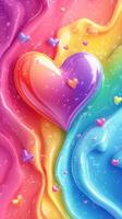 Colorful heart shapes float in a vibrant liquid rainbow background filled with bubbles and glossy textures photo