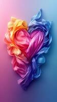 Colorful heart shape made of silk fabric in vibrant hues on soft gradient background photo