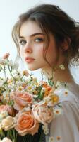 Woman holding a bouquet of roses and wildflowers in a soft, natural setting during daylight photo