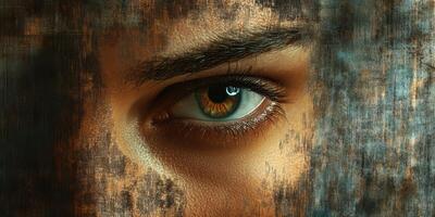 Close-up of an intense eye revealing emotion and depth with artistic textures in the background during golden hour photo