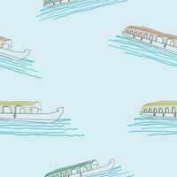 Editable Outline Semi-Oblique View Indian Kerala Houseboat Vectorized Illustration on Lake in Various Colors Seamless Pattern for Creating Background of Southwestern India Transportation or Recreation vector