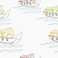 Editable Outline Oblique View Indian Keralan Houseboat Vectorized Illustration on Wavy Lake in Various Colors Seamless Pattern for Creating Background of Transportation of Southwestern India vector