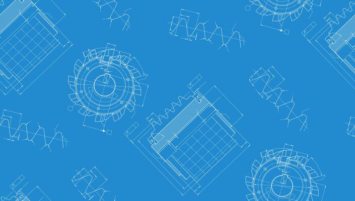 Mechanical engineering drawings on blue background. Cutting tools, milling cutter. Technical Design. Cover. Blueprint. Seamless pattern. illustration