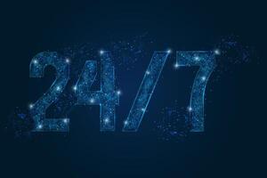 Abstract isolated blue image of signboard 24 7 open hours time. Polygonal low poly wireframe illustration looks like stars in the black night sky in space or flying glass shards vector