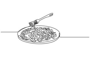 Fork with a plate of noodles in one continuous line drawing vector