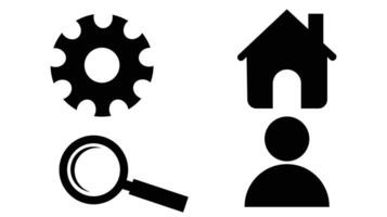 Black Silhouette Icon Set Gear, Search, Home, and User Symbol for Digital and Web Applications vector