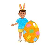 Colorful Illustration of Boy Stands Next to a Large Easter Egg Isolated on White Background vector
