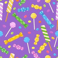 Seamless Pattern with Colorful Textured Illustrations of Sweets and Candies on Purple Background vector