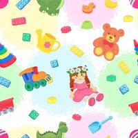 Seamless Pattern with Colorful Textured Illustrations of Kids Toys on Colorful Textured Background vector