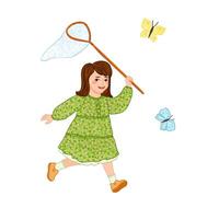 Colorful Illustration of Girl Hunts Butterflies with a Net Isolated on White Background vector