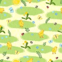 Seamless Pattern with Colorful Textured Illustrations of Cute Chickens in the Meadow vector