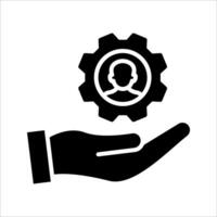 Man and gear on a hand Icon.Symbol isolated white background. illustration. color editable. vector