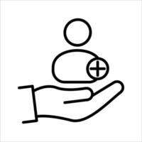 Hand holding person with plus Icon. Symbol isolated white background. illustration. color editable. vector