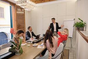 Group of business colleagues discussing project in office photo