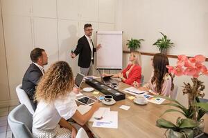 Group of colleagues working on project in office photo