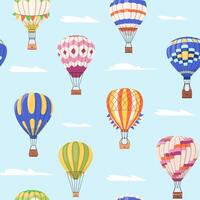 Hot air balloons seamless pattern Cartoon colorful baloons flying in sky with clouds repeat background Aerial flight adventure festival, show Endless design for print, fabric, textile, wrapping vector