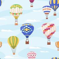Hot air balloons seamless pattern Cartoon colorful baloons flying in sky with clouds repeat background Aerial flight adventure festival, show Endless design for print, fabric, textile, wrapping vector