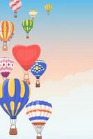 Hot air balloon festival invitation with colorful balloons soaring in sky templates of various aerial travel tourist transport with basket Holiday festive design for print, event flyers, banner vector