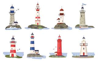 Lighthouse collection with sea coast or ocean beach rocks. Cartoon nautical navigation tower with blue, red, white stripes and beacon lights. Marine seaside architecture Flat illustrations vector