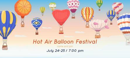 Hot air balloon festival banner with colorful balloons soaring in sky template of various aerial travel tourist transport with basket Fun and festive design for print, event invitations, flyers vector