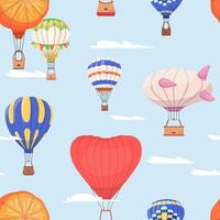 Hot air balloons seamless pattern. Cartoon baloons different shapes flying in sky repeat background. Aerial flight adventure festival, show. Endless design for print, fabric, textile, wrapping vector