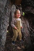 Cheerful little girl standing in thick tree trunk photo